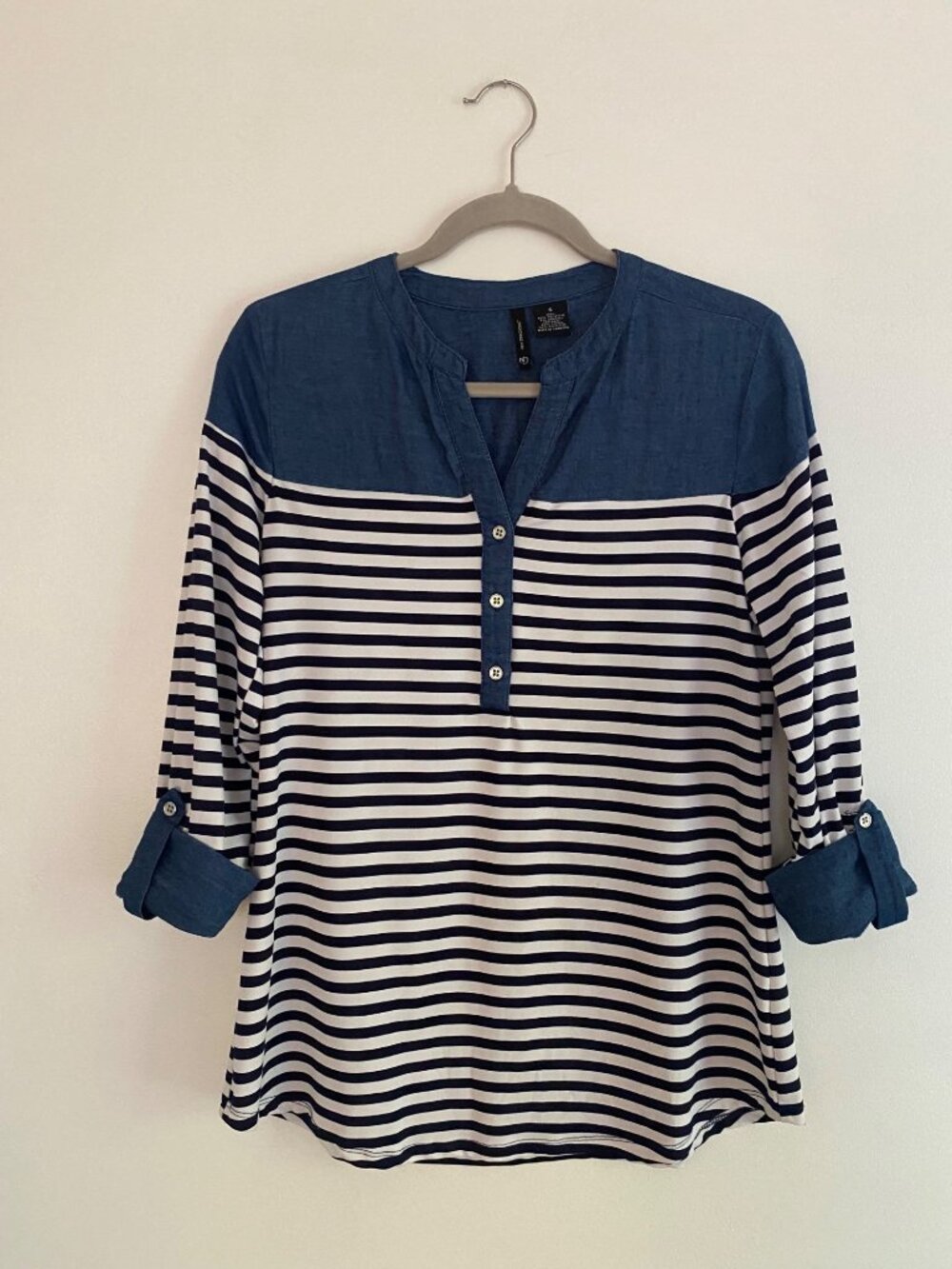 New Directions Striped Blue & White 3/4 Sleeve Button-Front Top Size S Nautical